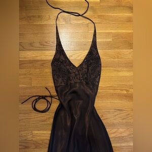 size s vintage satin beaded sequin brown with black sheer overlay prom dress